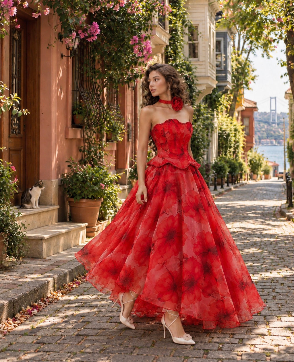 Red Pomegranate Flower Corset A-Line Evening Dress – Prom & Formal Gown