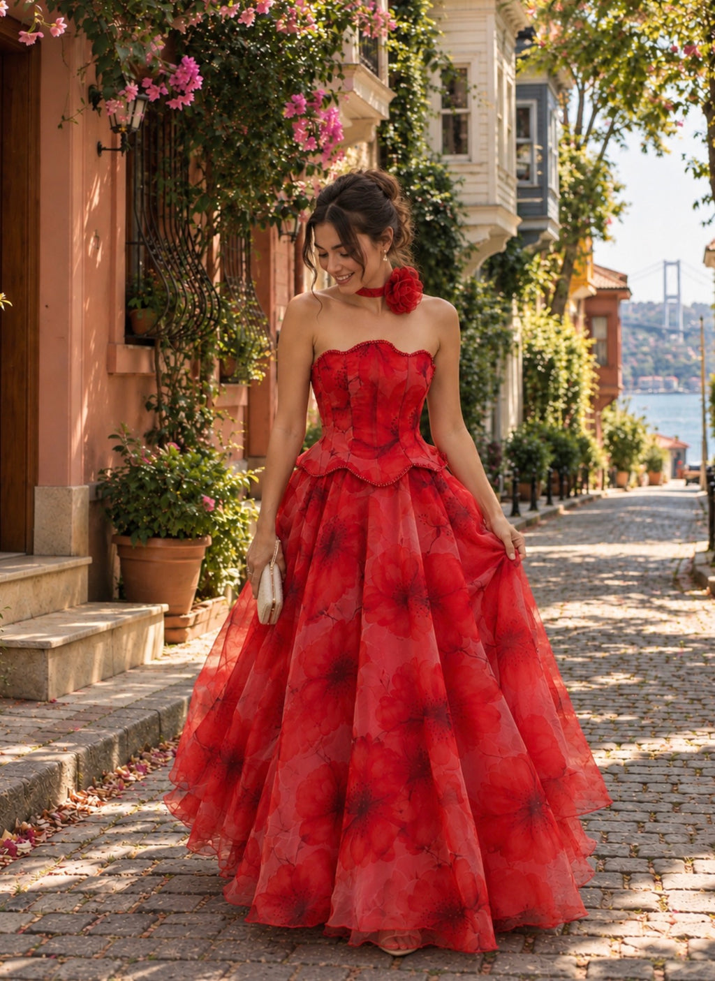 Red Pomegranate Flower Corset A-Line Evening Dress – Prom & Formal Gown