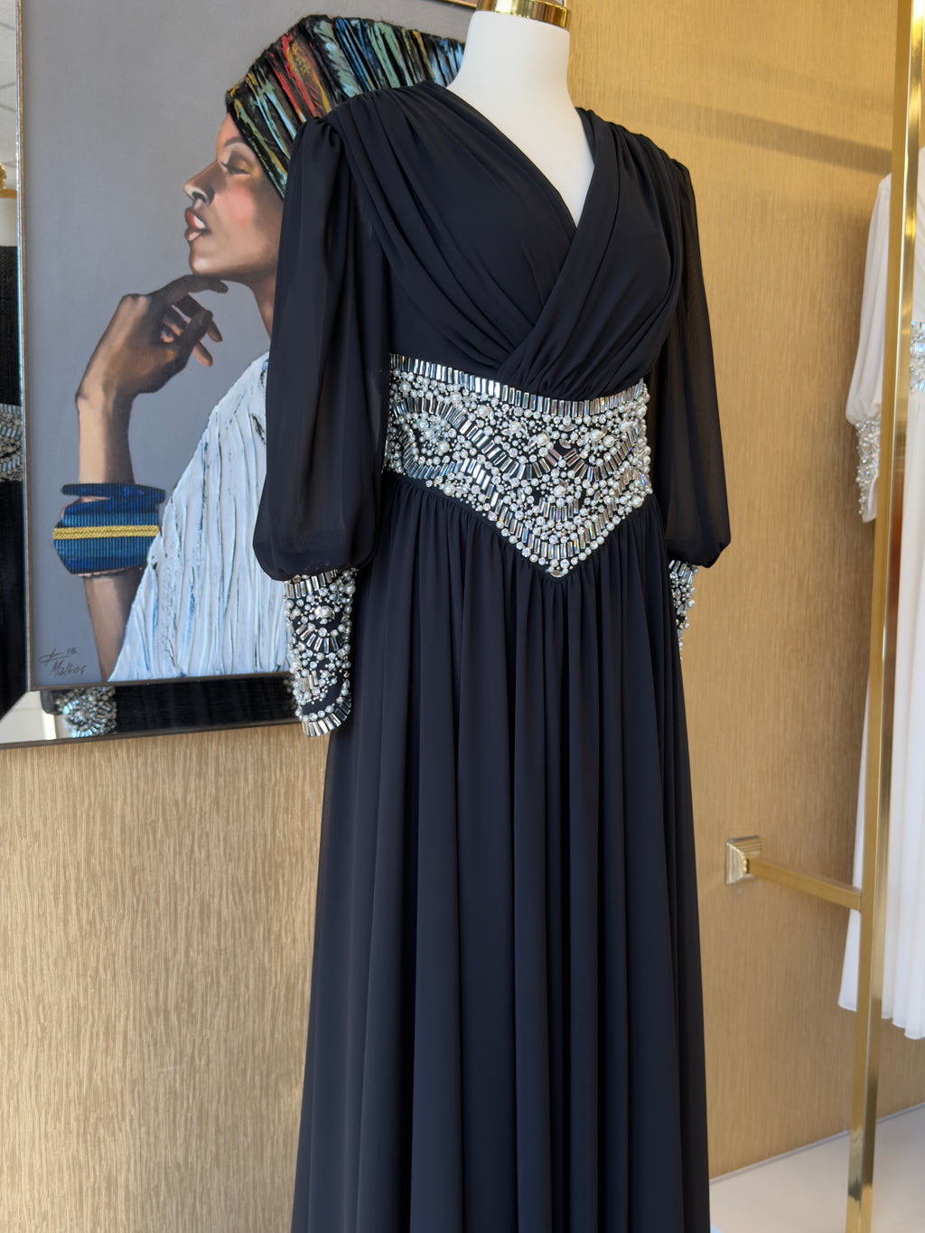 Black Pearl & Crystal Embellished Long Sleeve Chiffon Evening Gown – Modest Formal