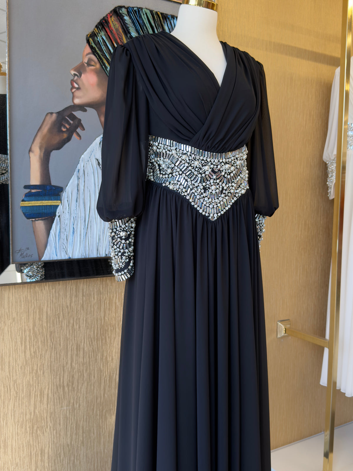 Black Pearl & Crystal Embellished Long Sleeve Chiffon Evening Gown – Modest Formal