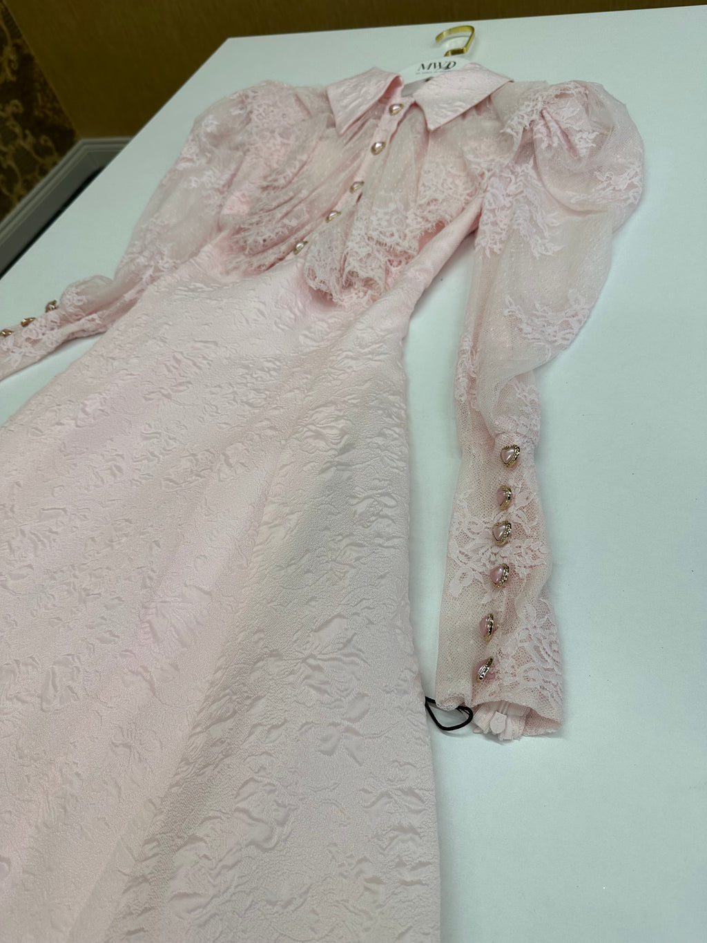 Blush Pink Lace Collared A-Line Dress with Sheer Lace Sleeves – Formal & Occasion Dress