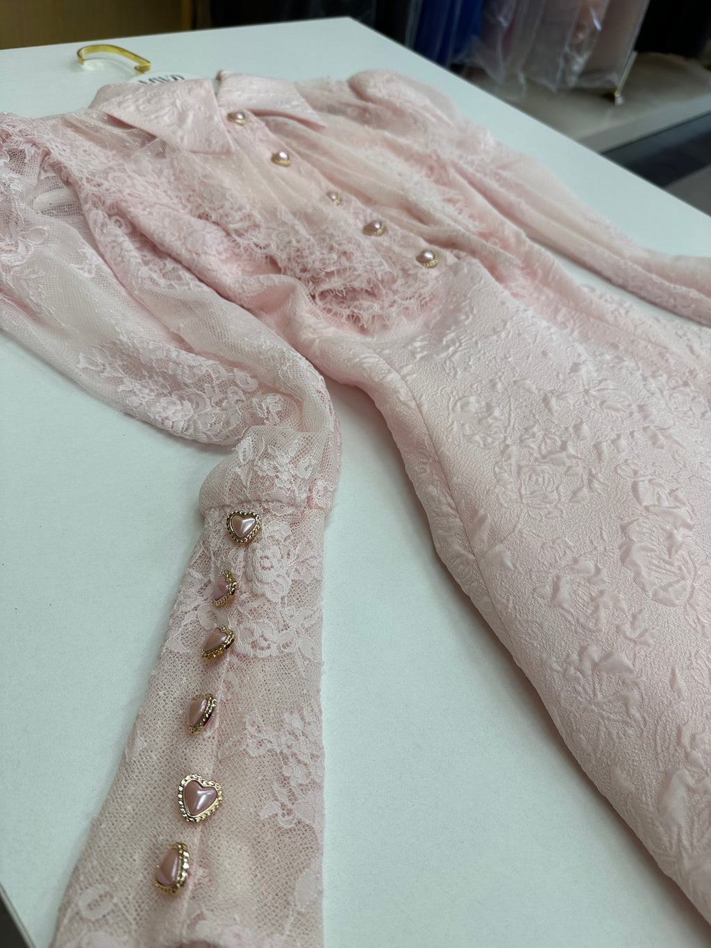 Blush Pink Lace Collared A-Line Dress with Sheer Lace Sleeves – Formal & Occasion Dress