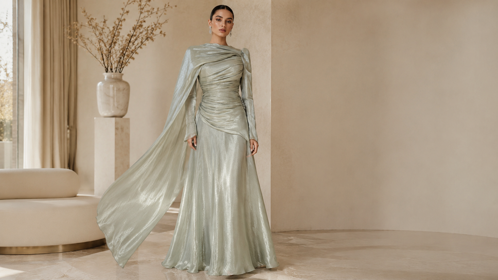 Icy Sage Draped Cape Modest Evening Gown | My World of Dresses