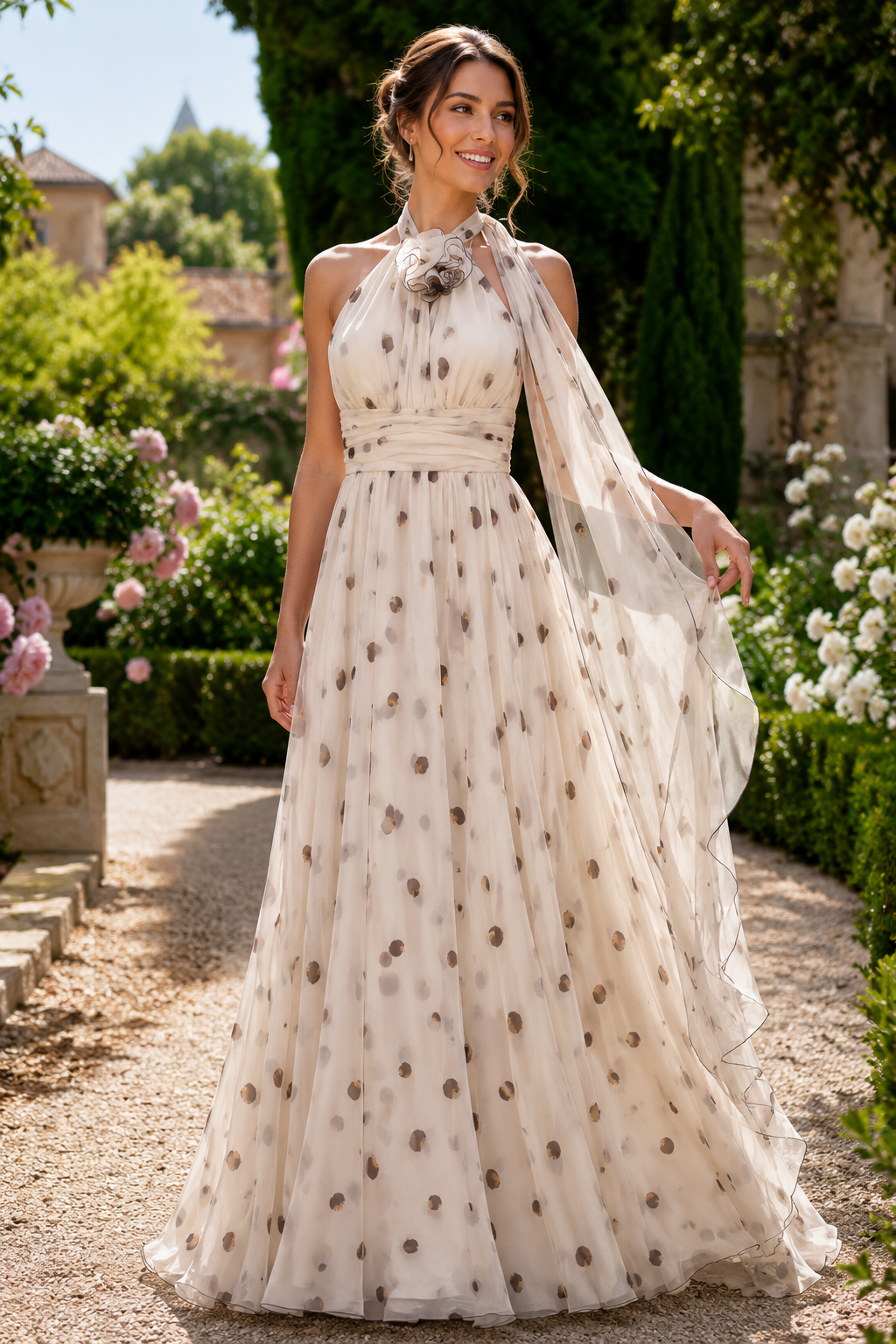 Vestido de Noche de Gasa con Cuello Halter y Detalle Floral en el Cuello | Elegancia de Jardín