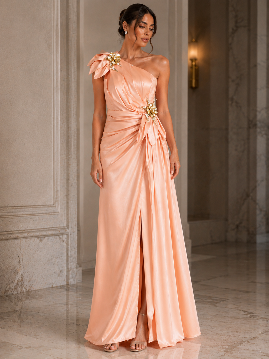 Light Salmon One-Shoulder Satin Evening Dress with Floral Embellishment | Luxury Prom &amp; Occasion Gown