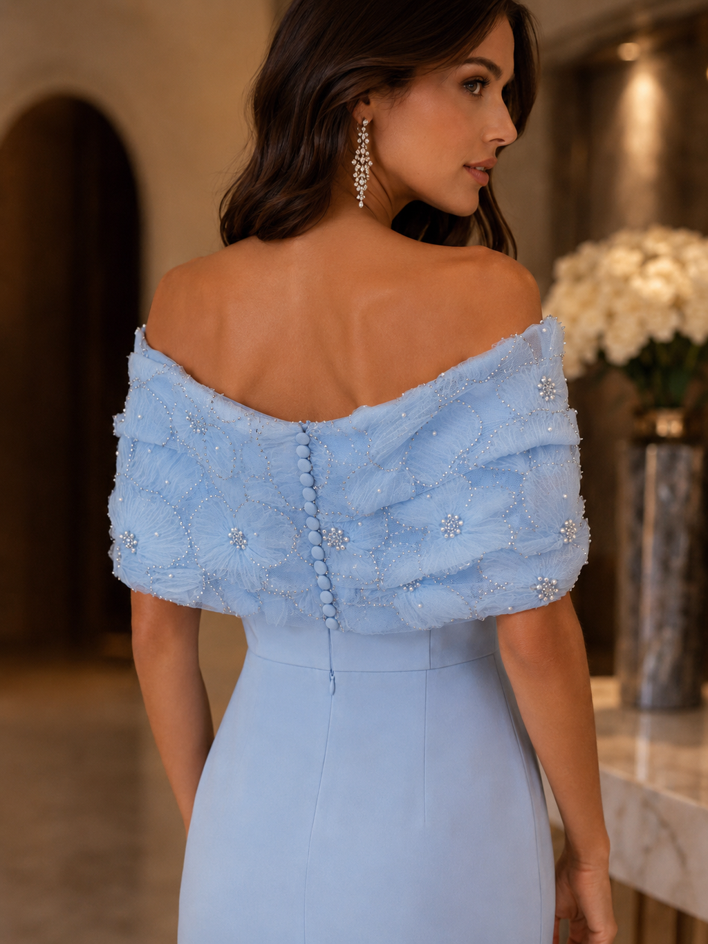 Vestido de noche midi azul claro con hombros descubiertos y pedrería | Vestido elegante para bailes de graduación, compromisos y eventos formales