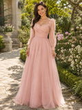 Vestido de Noche de Tul Rosa Empolvado con Purpurina y Mangas Largas Transparentes | Elegancia Romántica