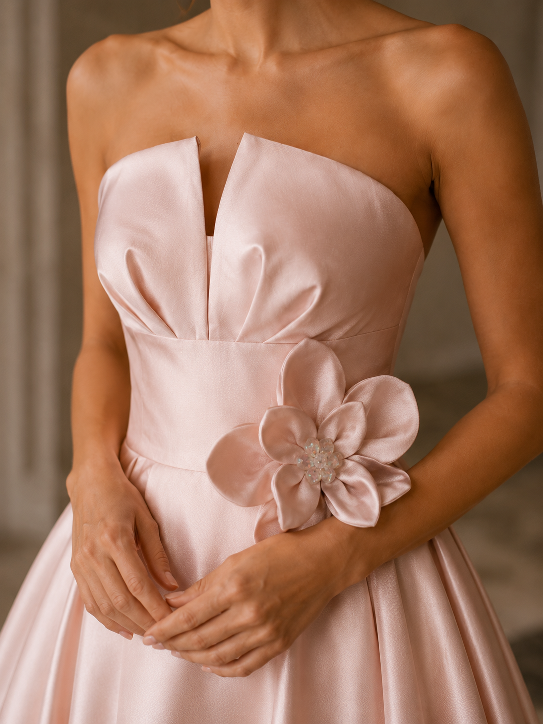 Allık Rengi Pembe, Straplez, 3D Çiçekli Balo Elbisesi | My World of Dresses
