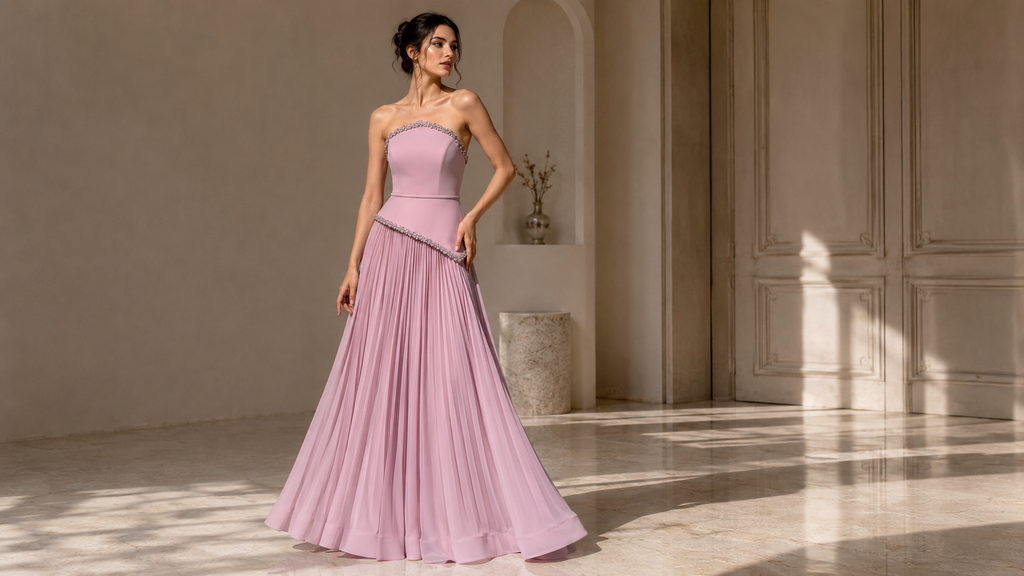 Vestido de noche plisado sin tirantes en rosa empolvado pastel con adornos de cristal y detalle de bufanda drapeada