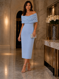 Vestido de noche midi azul claro con hombros descubiertos y pedrería | Vestido elegante para bailes de graduación, compromisos y eventos formales