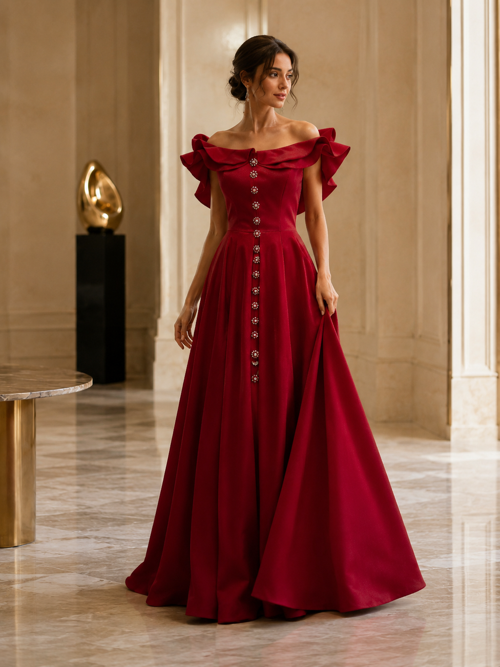 Plum Purple Off-Shoulder Ruffle Evening Gown with Crystal Button Detail | Regal Elegance