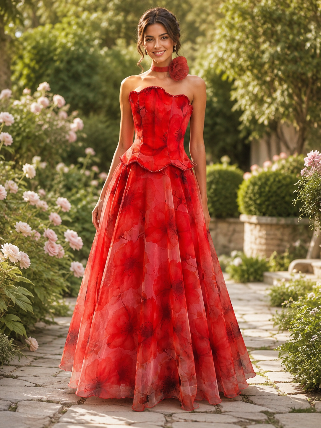 Vestido de Noche Acampanado Corsé con Flor de Granada | Capullo Escarlata