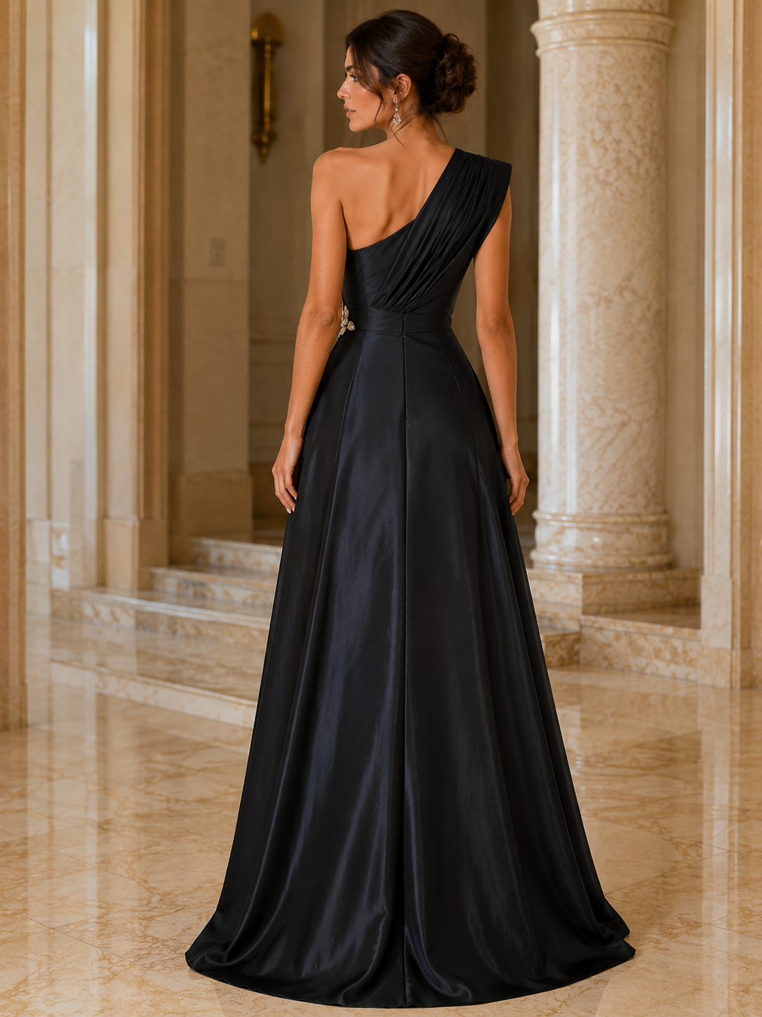 Vestido de Noche Negro con Un Solo Hombro y Detalle Floral de Cristal en la Cintura | Elegancia de Medianoche