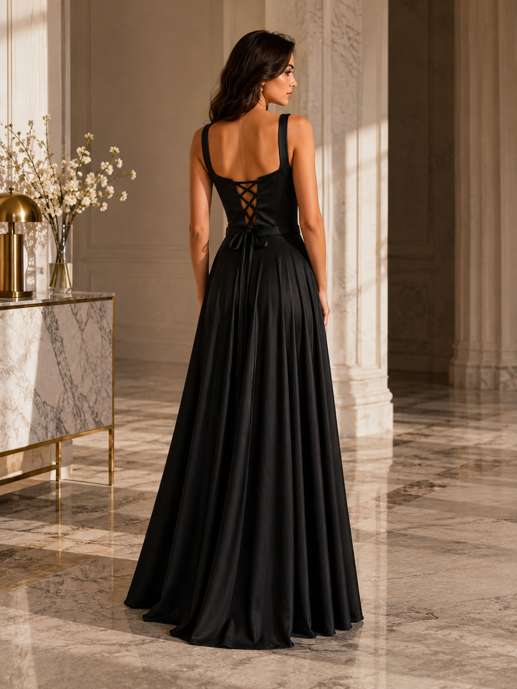 Vestido de noche de raso con escote cuadrado y corte A | Gracia moderna
