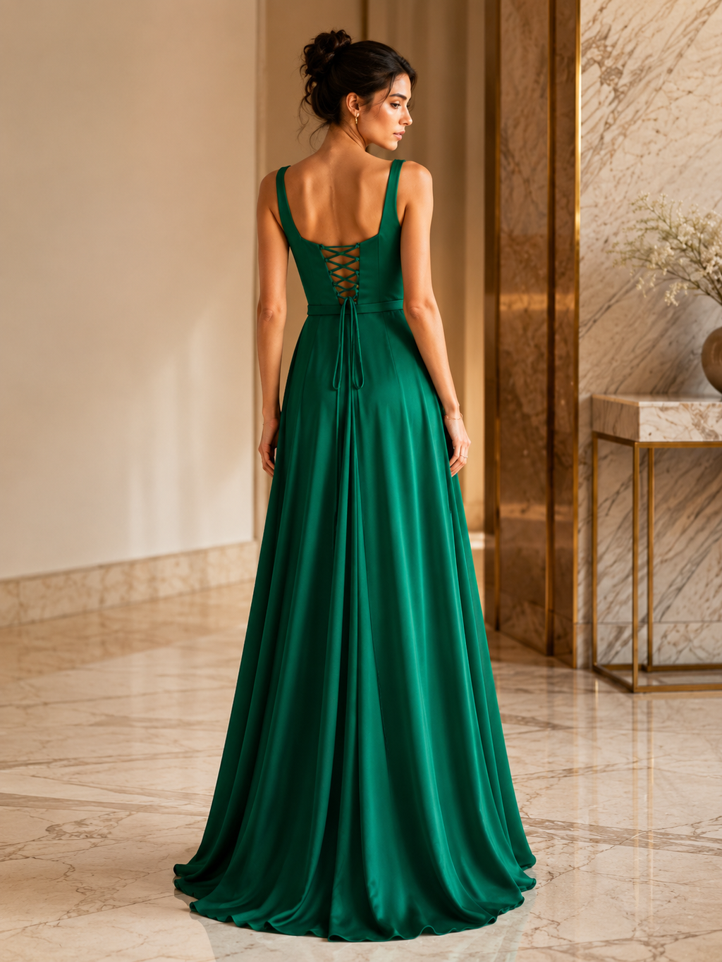 Square Neckline Emerald Saten Dress 