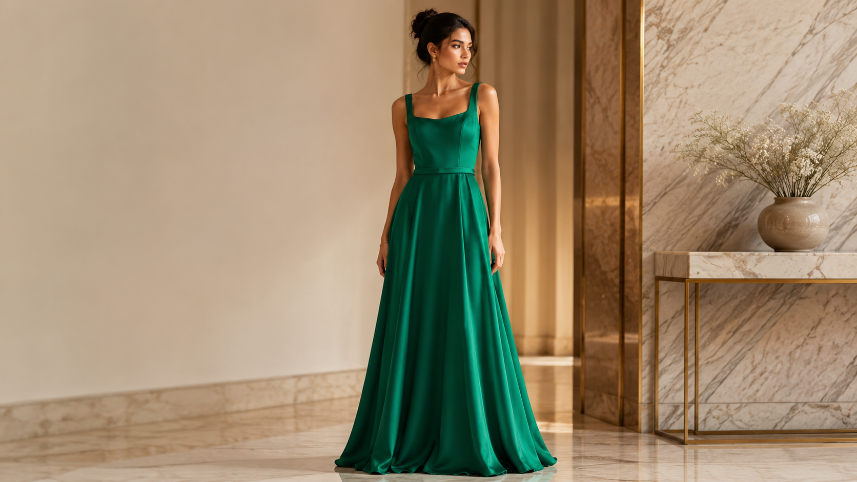 Square Neckline Emarald Saten Dress 