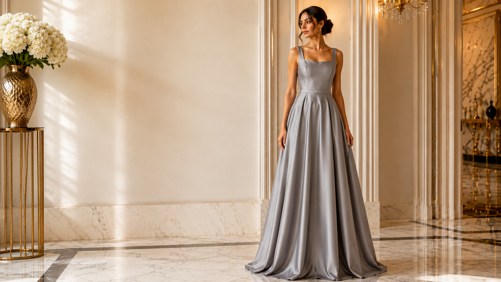 Square Neckline Grey Saten Dress 