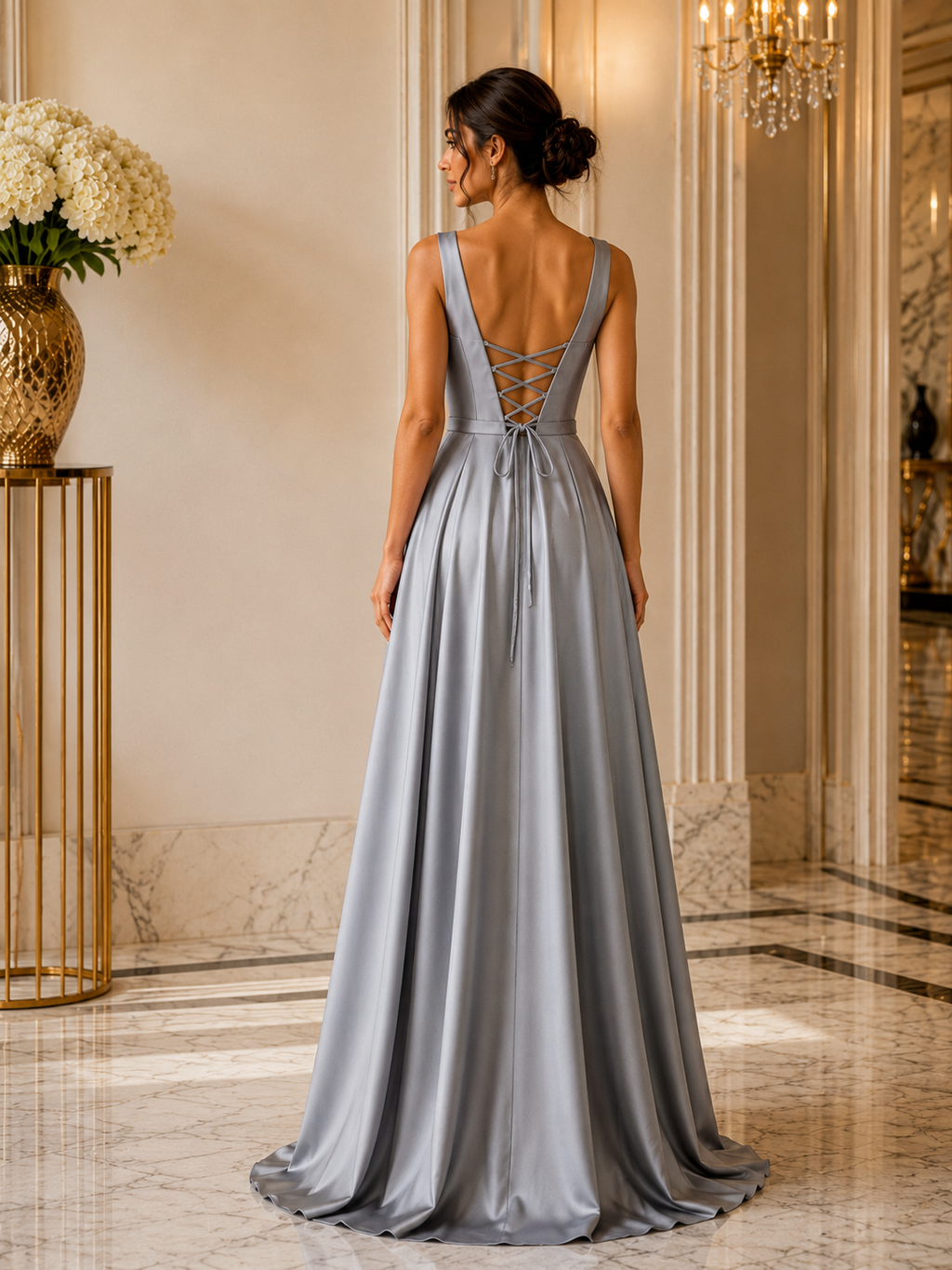 Square Neckline Grey Saten Dress Back