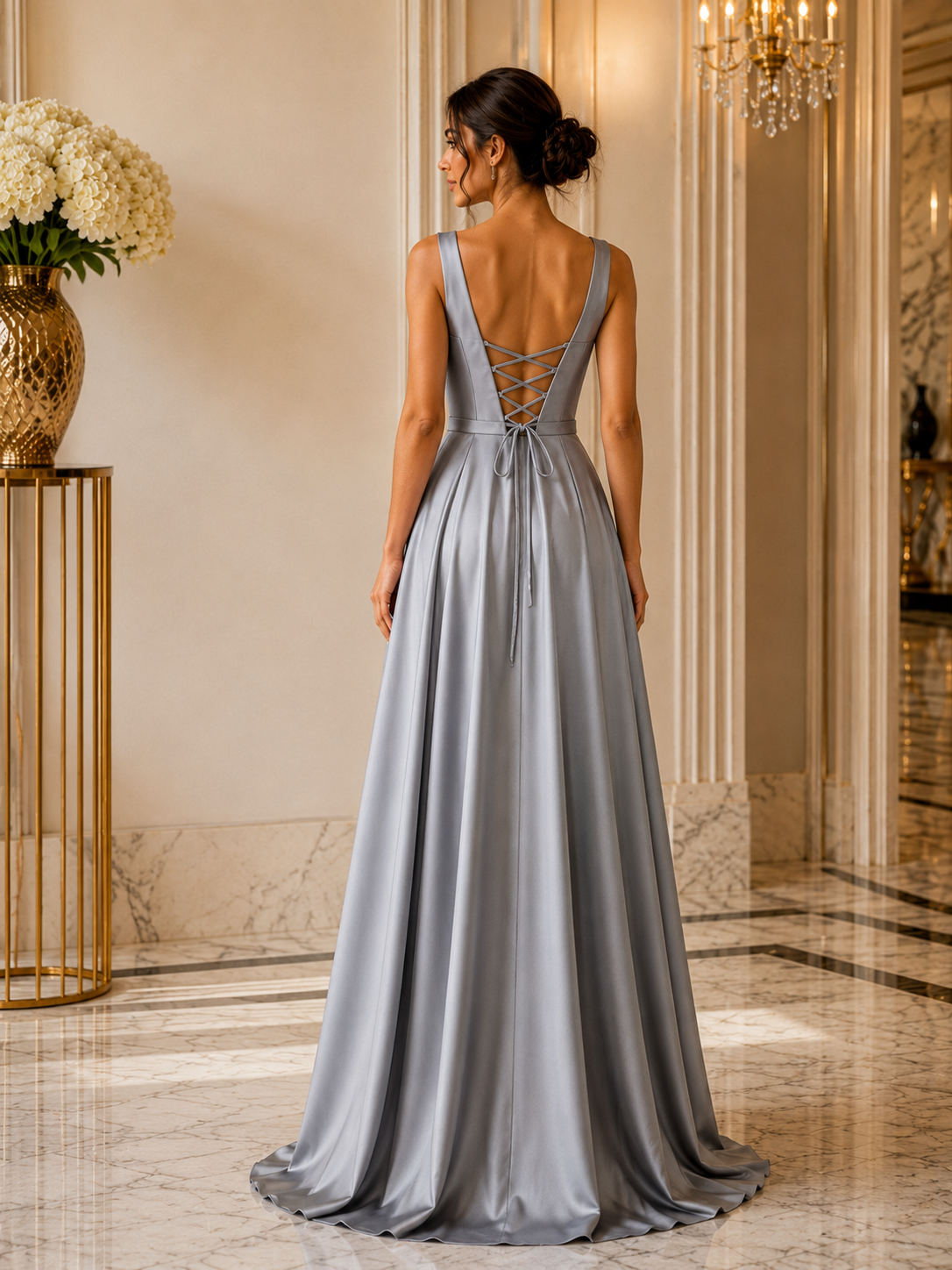 Square Neckline Grey Saten Dress Back