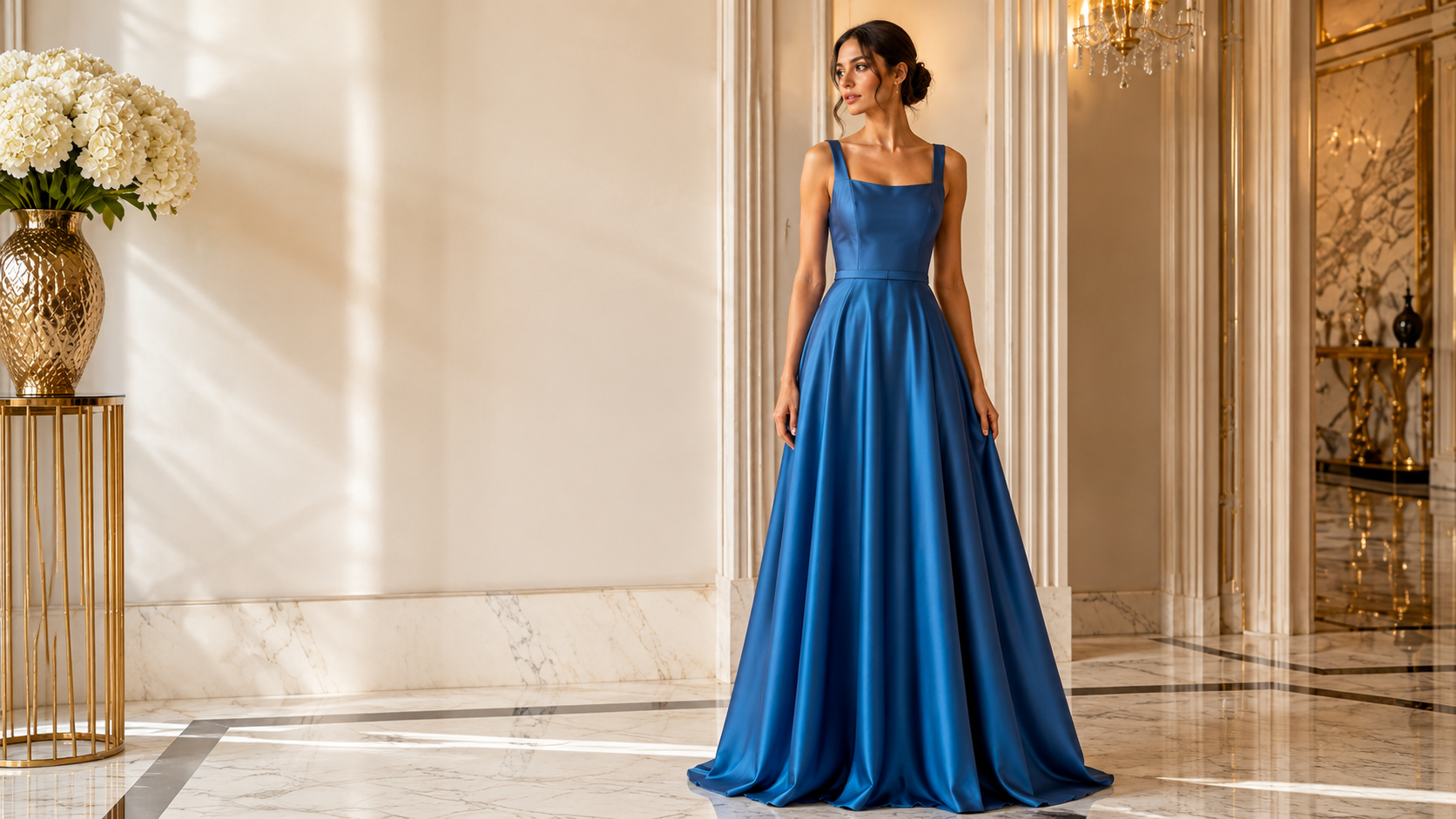 Square Neckline Oil Blue Saten Dress