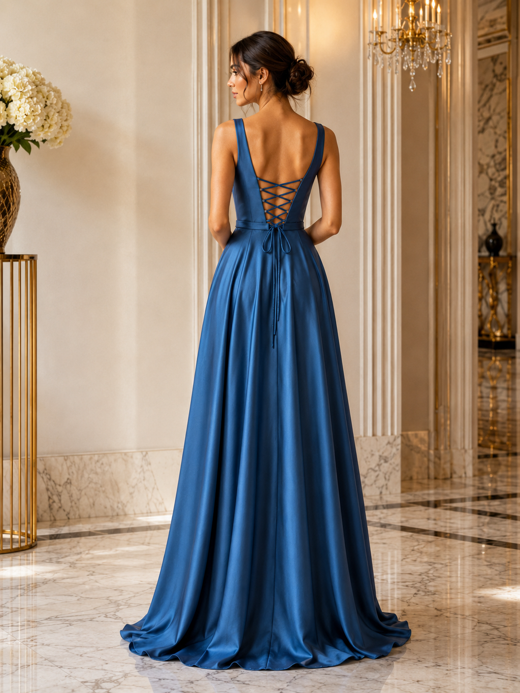 Square Neckline Oil Blue Saten Dress Back