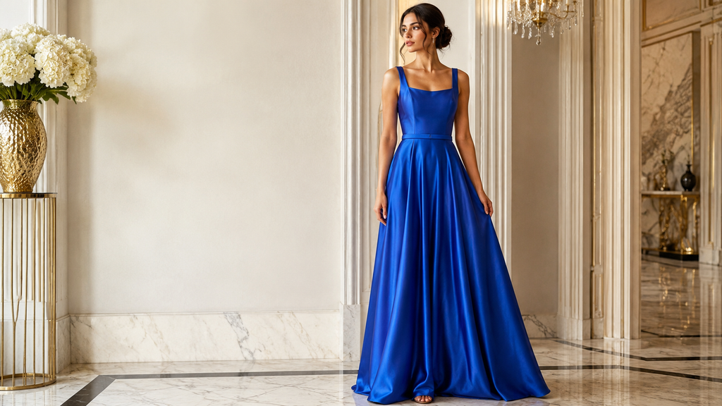 Square Neckline Saks Blue Saten Dress 