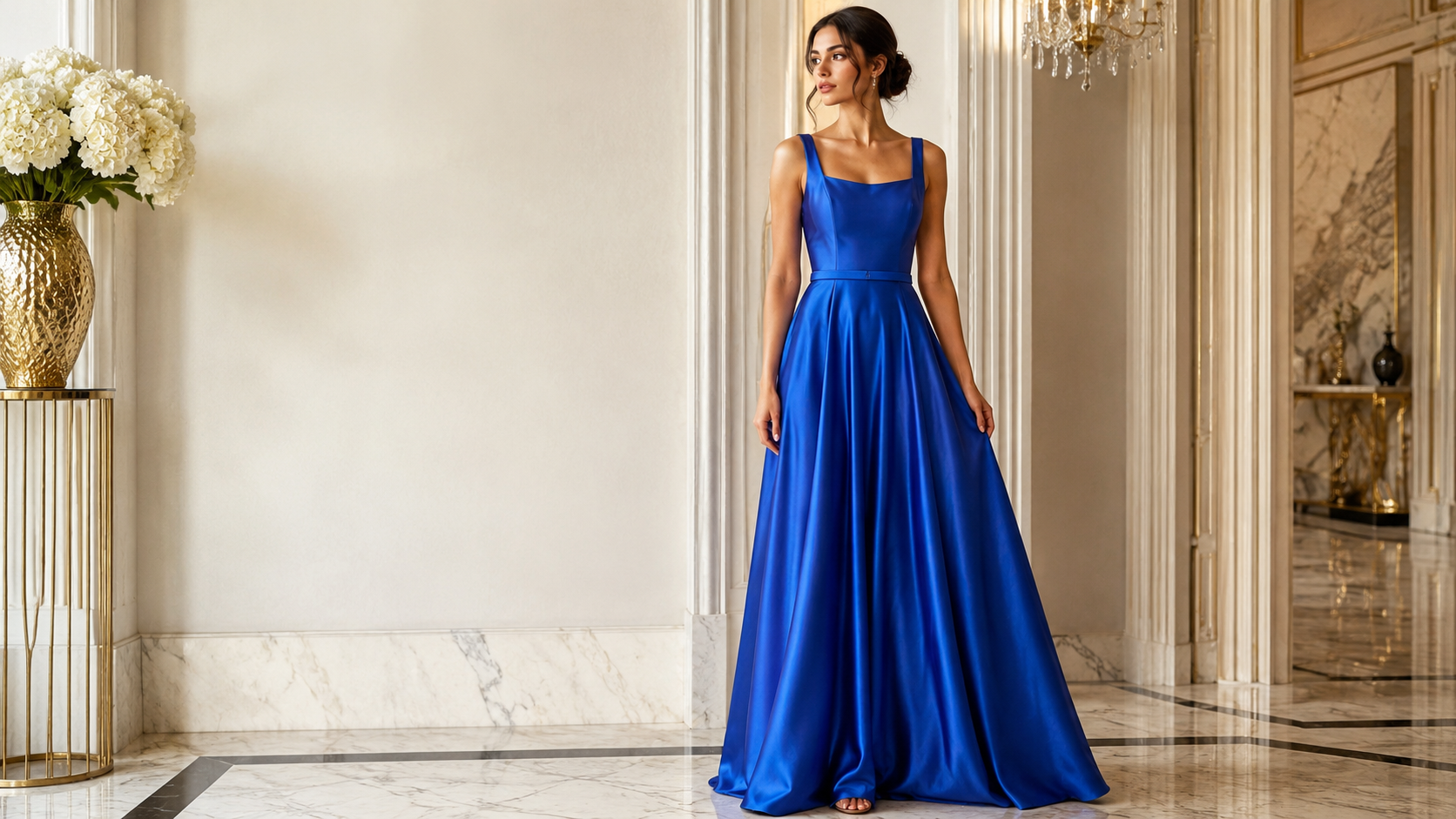 Square Neckline Saks Blue Saten Dress 