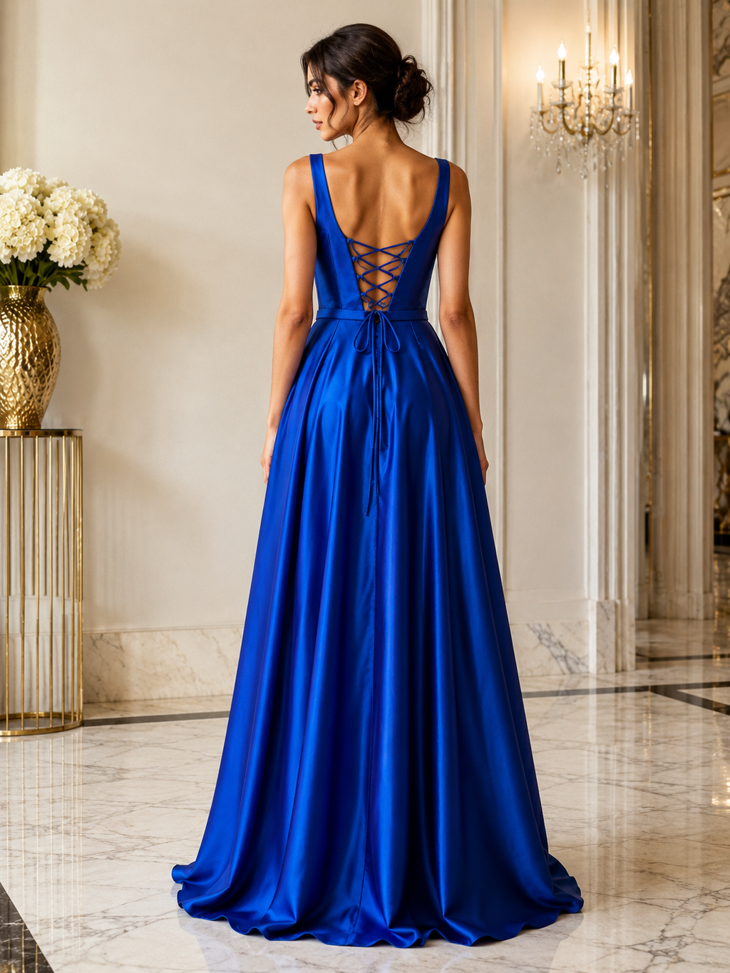 Square Neckline Saks Blue Saten Dress Back