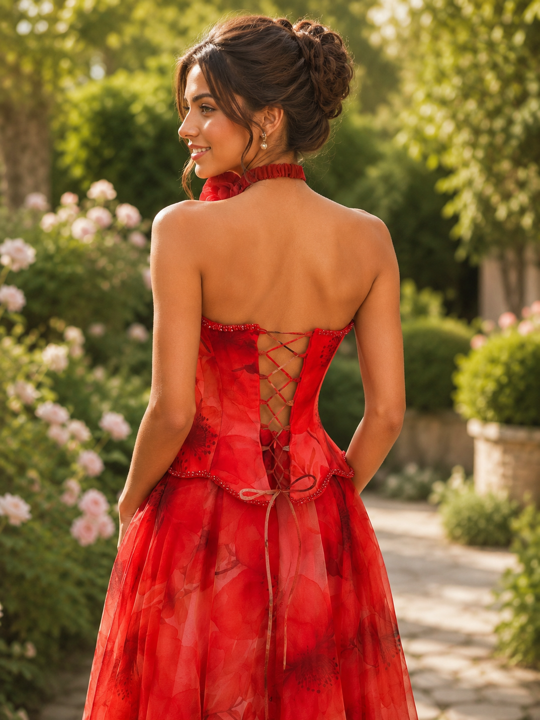 Vestido de Noche Acampanado Corsé con Flor de Granada | Capullo Escarlata