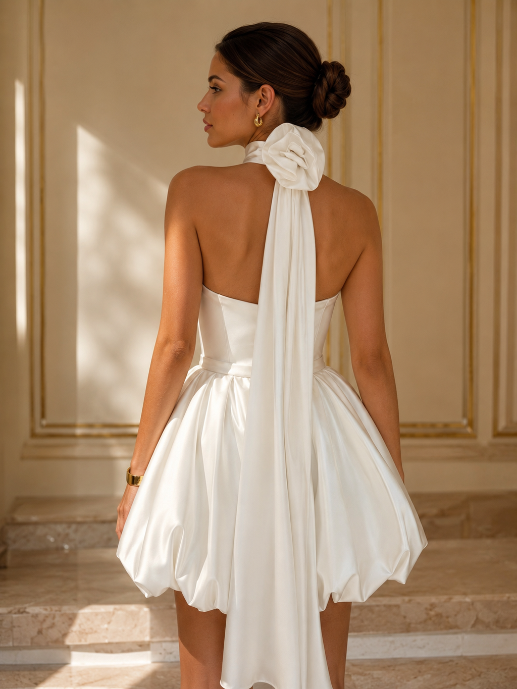 Minivestido blanco sin tirantes con roseta y falda burbuja | Flor Moderna