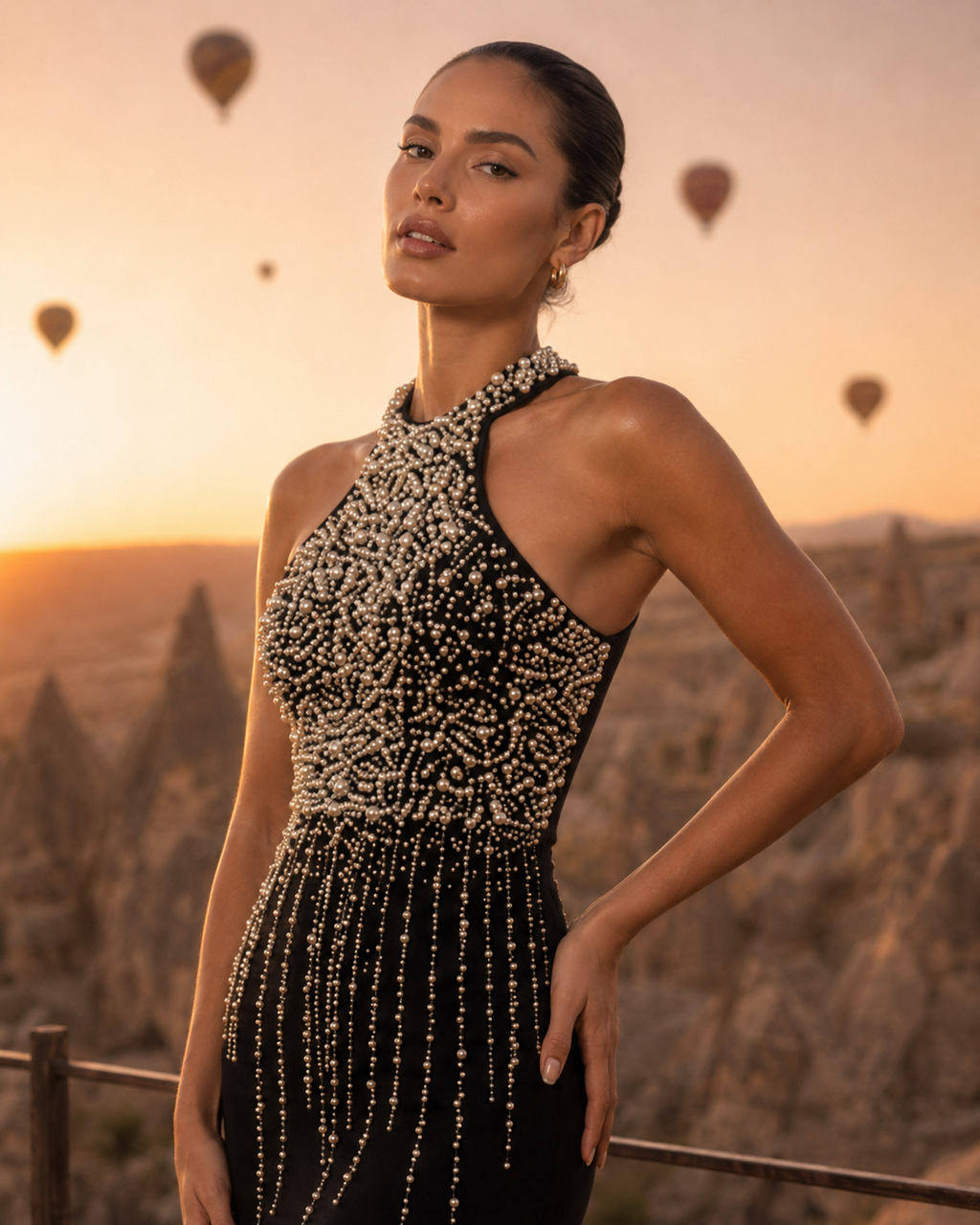 Woman in a beaded dress standing against a scenic backdrop with hot air balloons.

