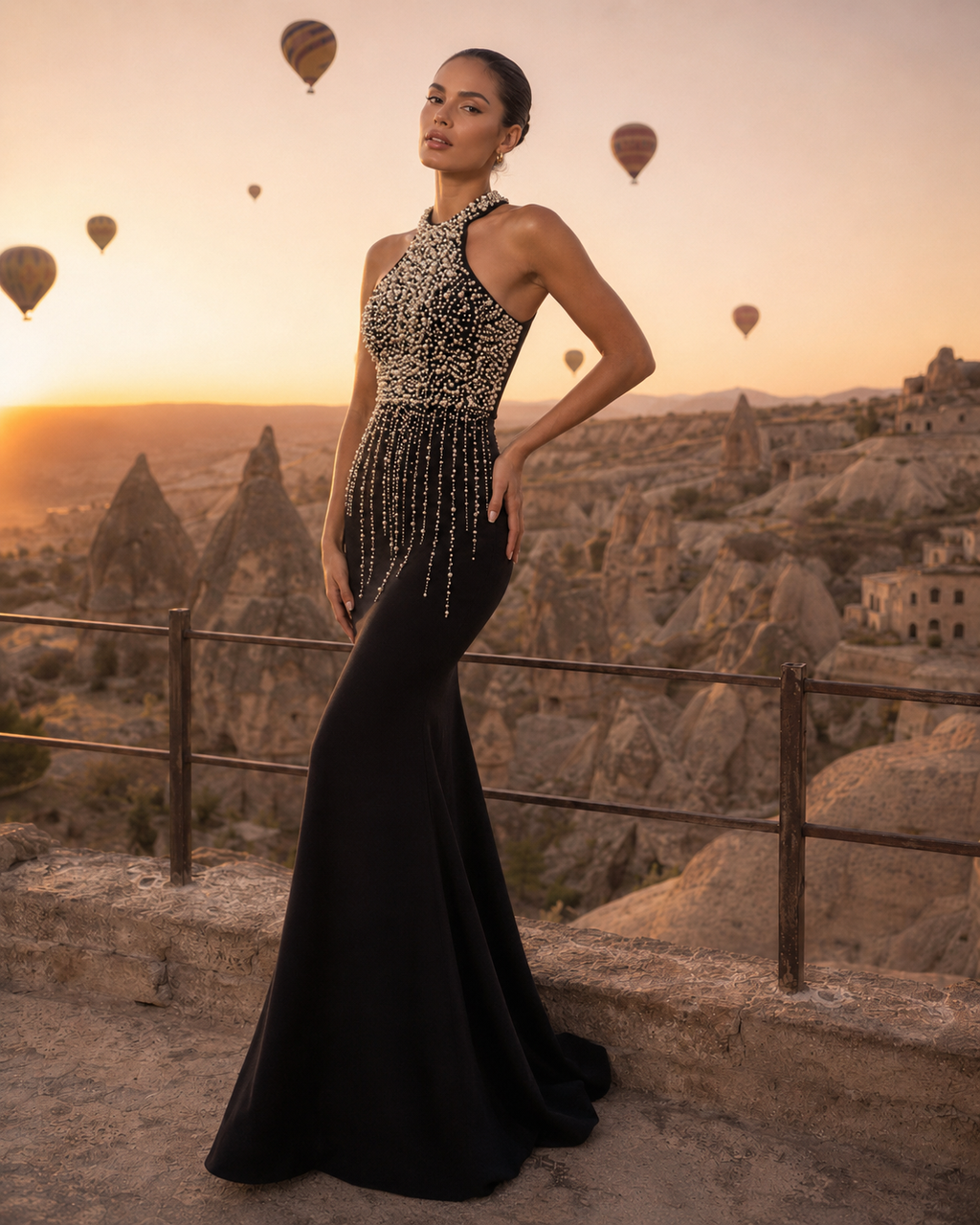 Woman in a black evening gown with a scenic background of hot air balloons and rock formations.

