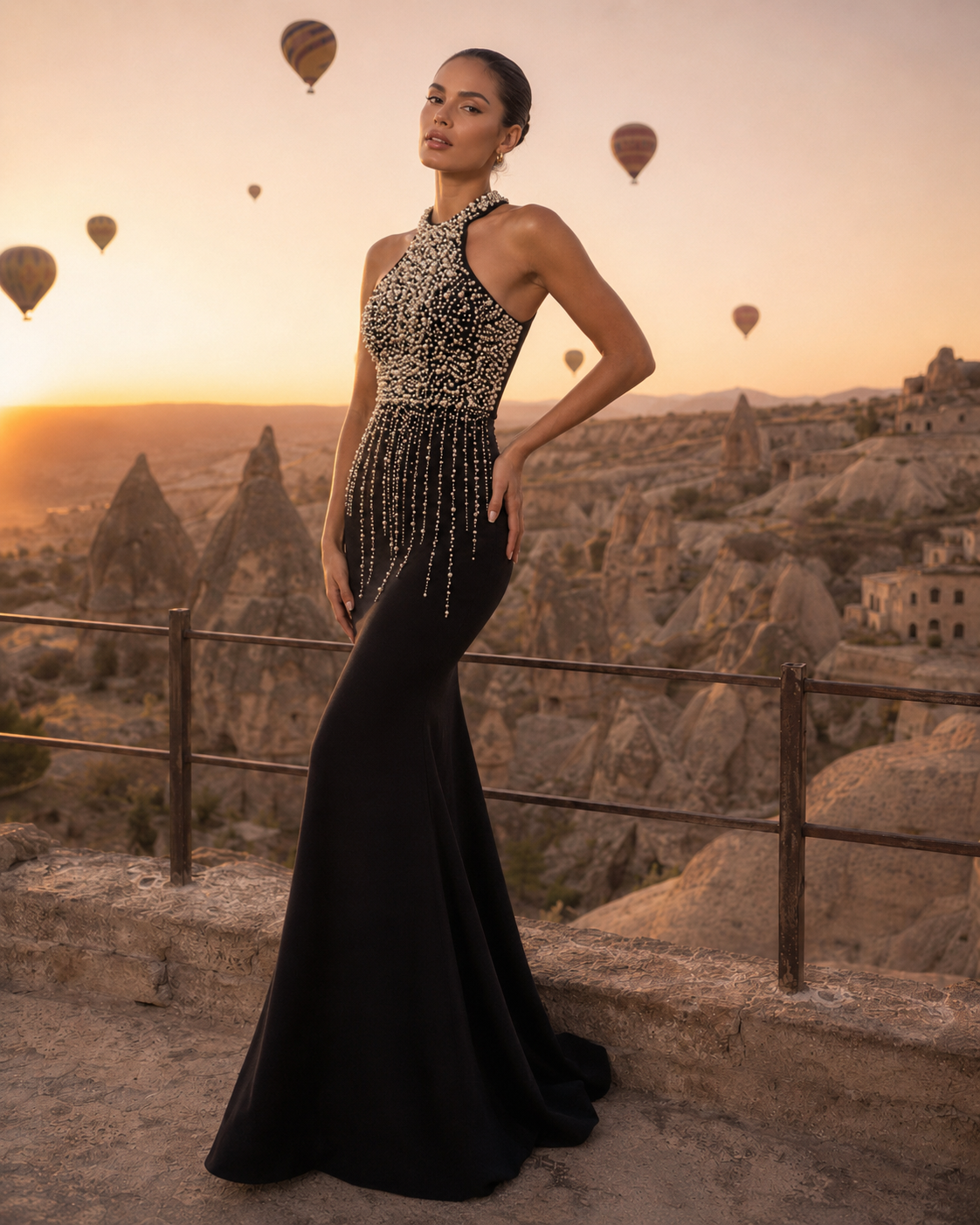 Woman in a black evening gown with a scenic background of hot air balloons and rock formations.

