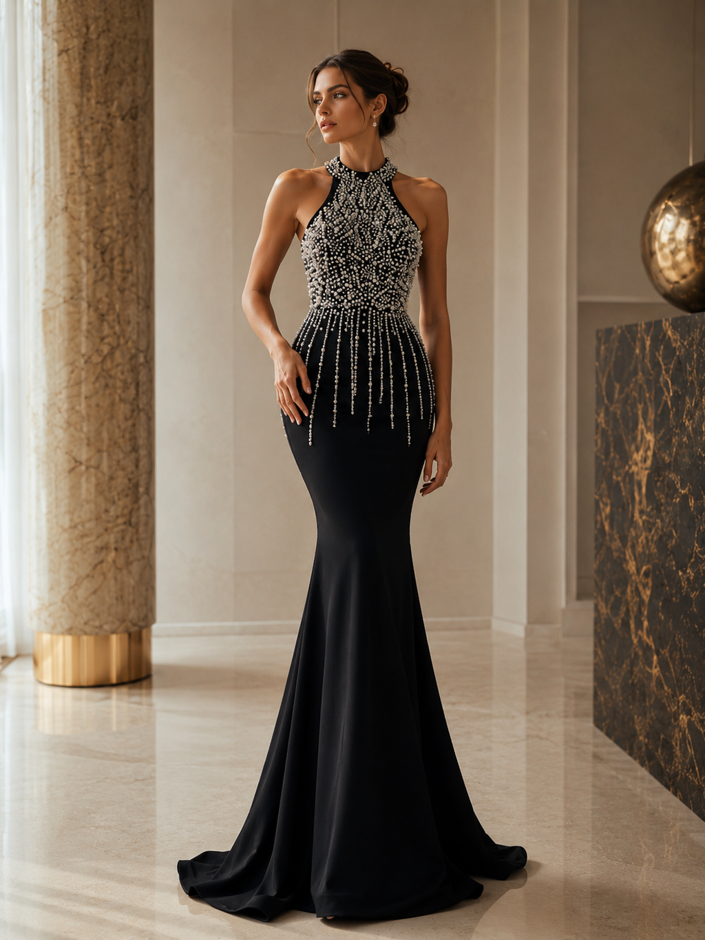 Woman in a black evening gown with beaded details 


