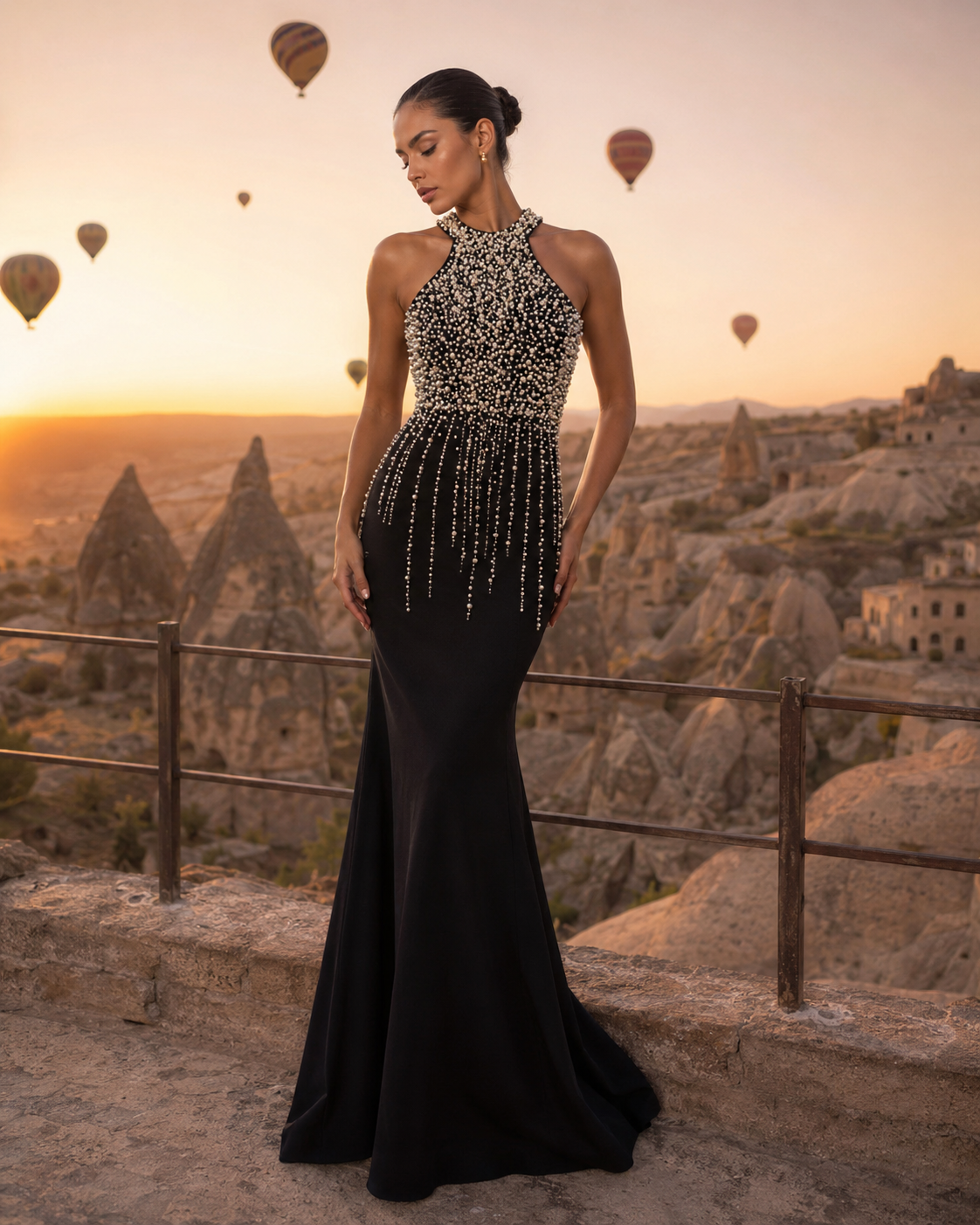 Vestido de noche estilo halter adornado con perlas negras | Resplandor de medianoche