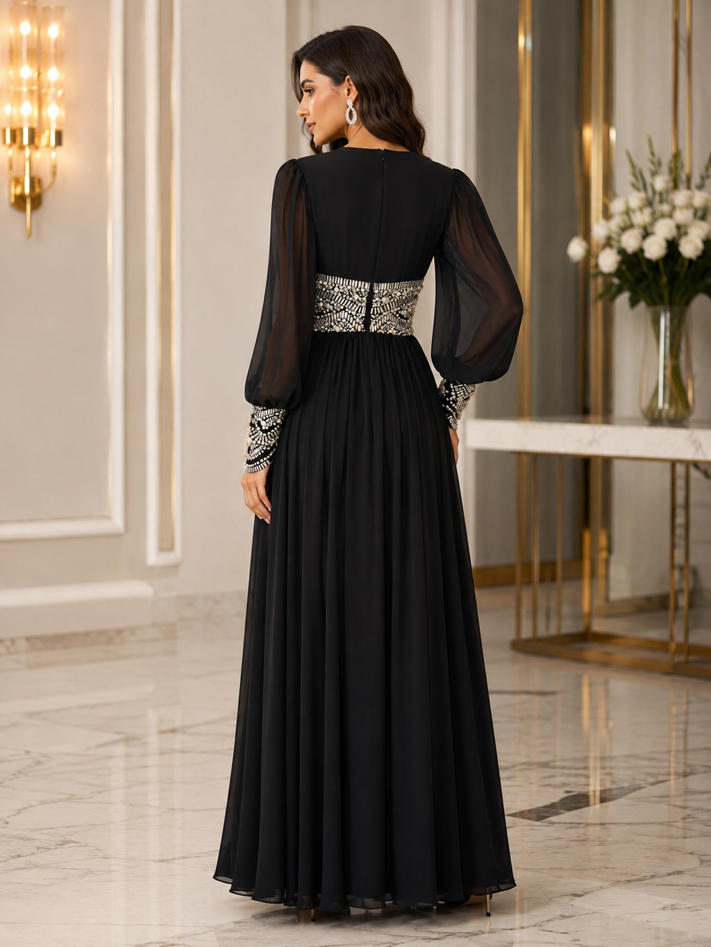 Black Pearl and Crystal Embellished Long Sleeve Chiffon Evening Gown | My World of Dresses