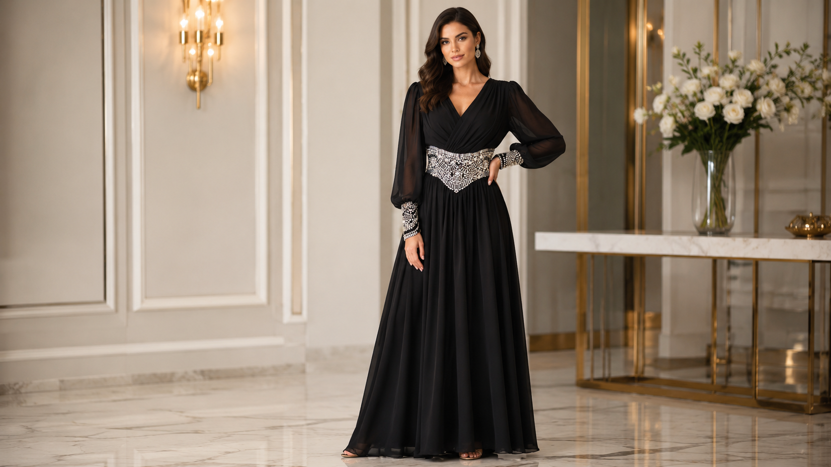 Black Pearl and Crystal Embellished Long Sleeve Chiffon Evening Gown | My World of Dresses