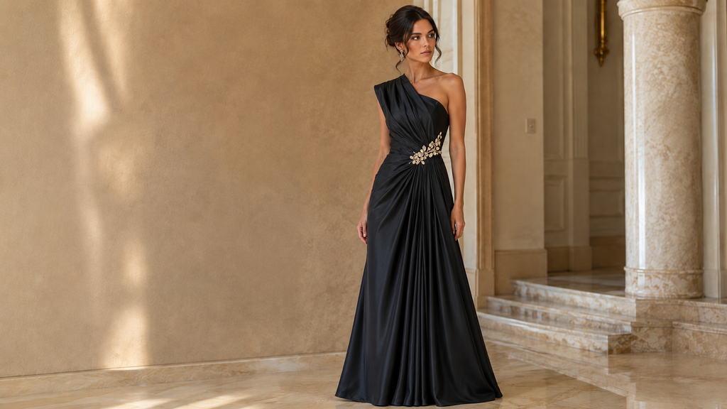 Black One-Shoulder Evening Gown with Crystal Floral Waist Detail | Midnight Elegance