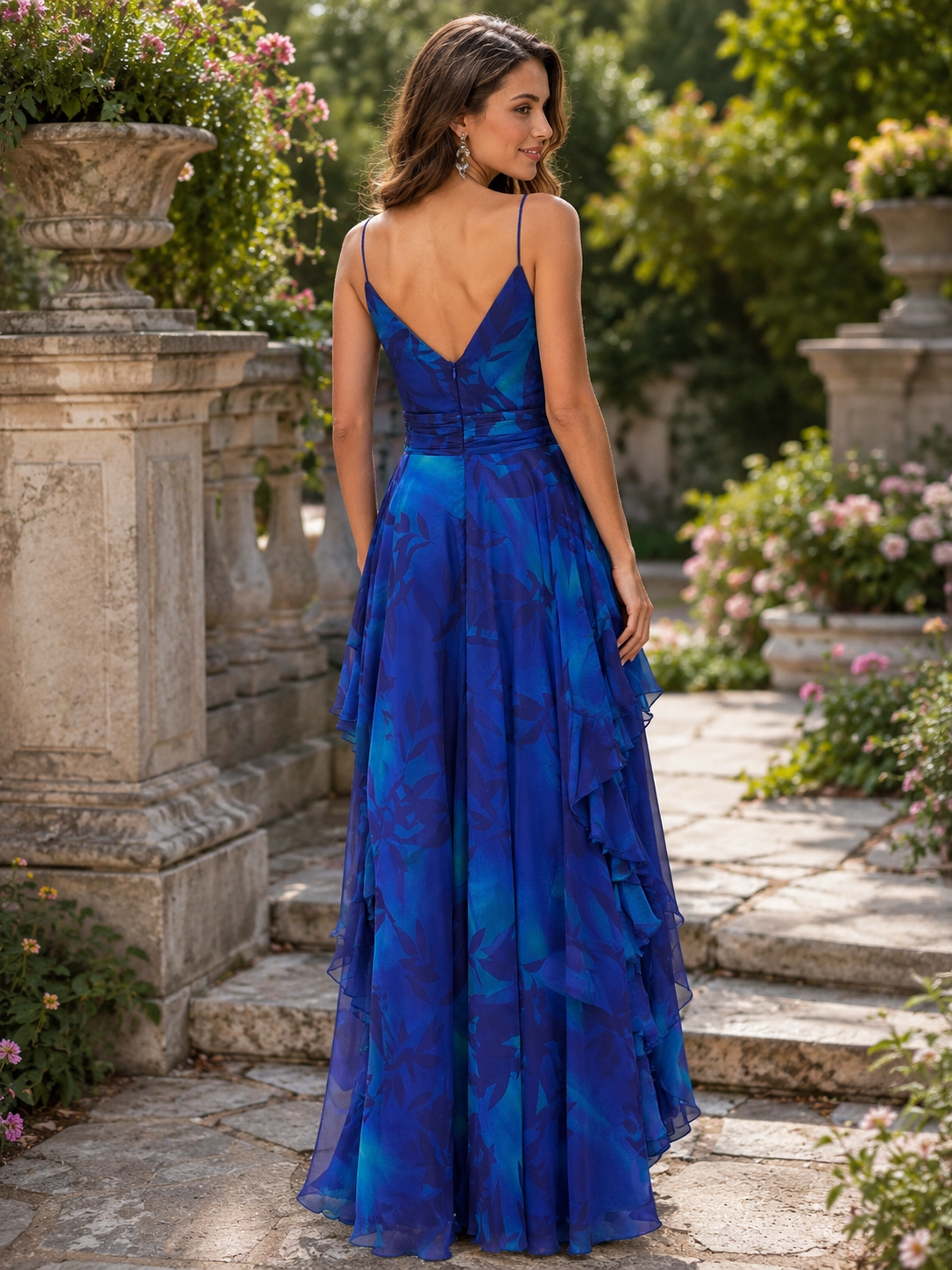 Vestido de noche azul royal con volantes y abertura Botánica | Jardín de medianoche