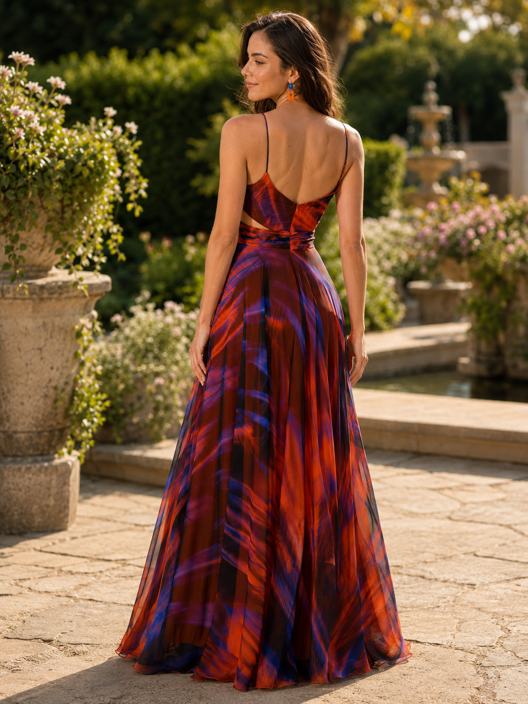 Vestido de Noche de Gasa con Estampado Abstracto Naranja | Espejismo al Atardecer