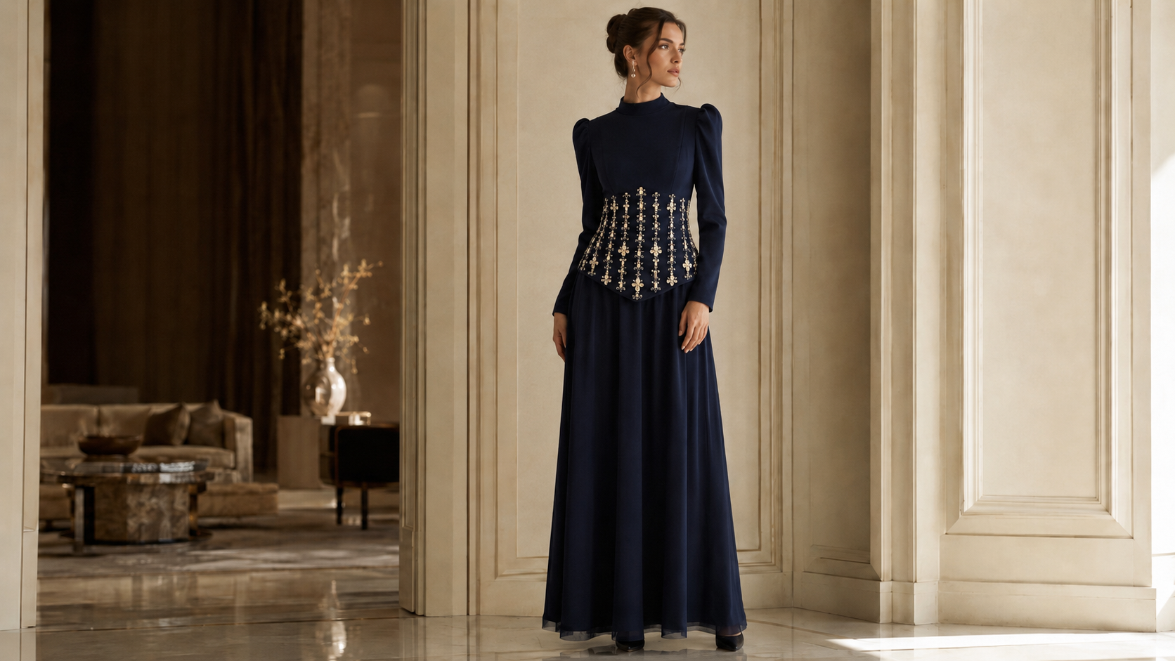 Lacivert Yüksek Yakalı Kristal İşlemeli İki Parça Tesettür Abiye Takım | My World of Dresses