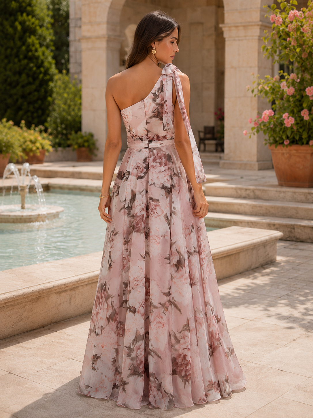 Vestido de gasa con un solo hombro y estampado floral rosa | Romance de jardín
