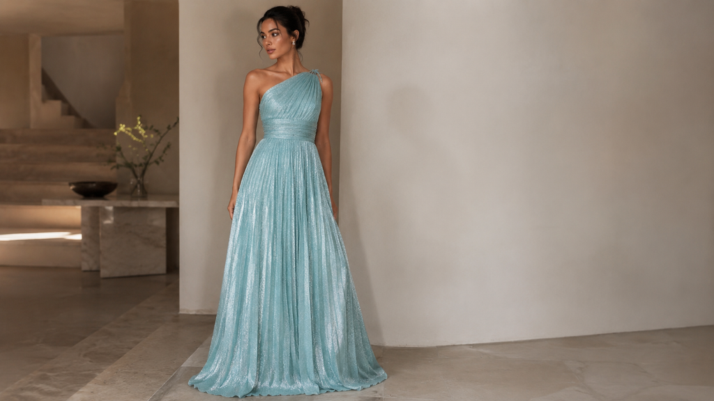 Vestido de noche plisado de un solo hombro con purpurina verde espuma de mar claro | Elegancia resplandeciente