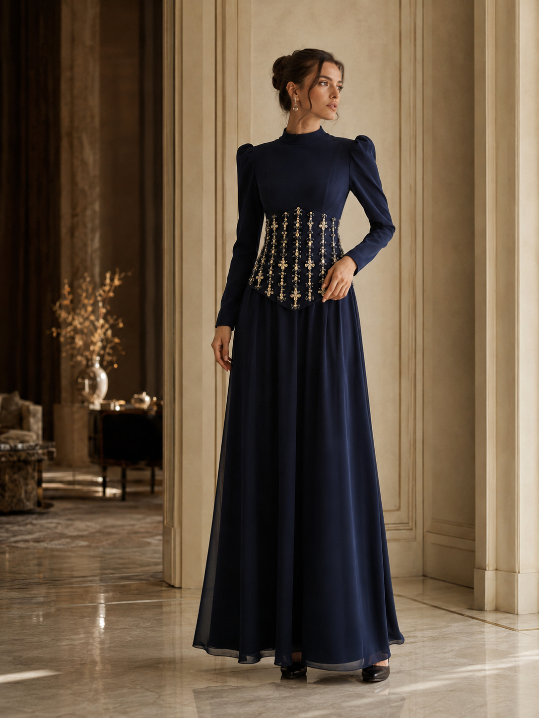 Lacivert Yüksek Yakalı Kristal İşlemeli İki Parça Tesettür Abiye Takım | My World of Dresses