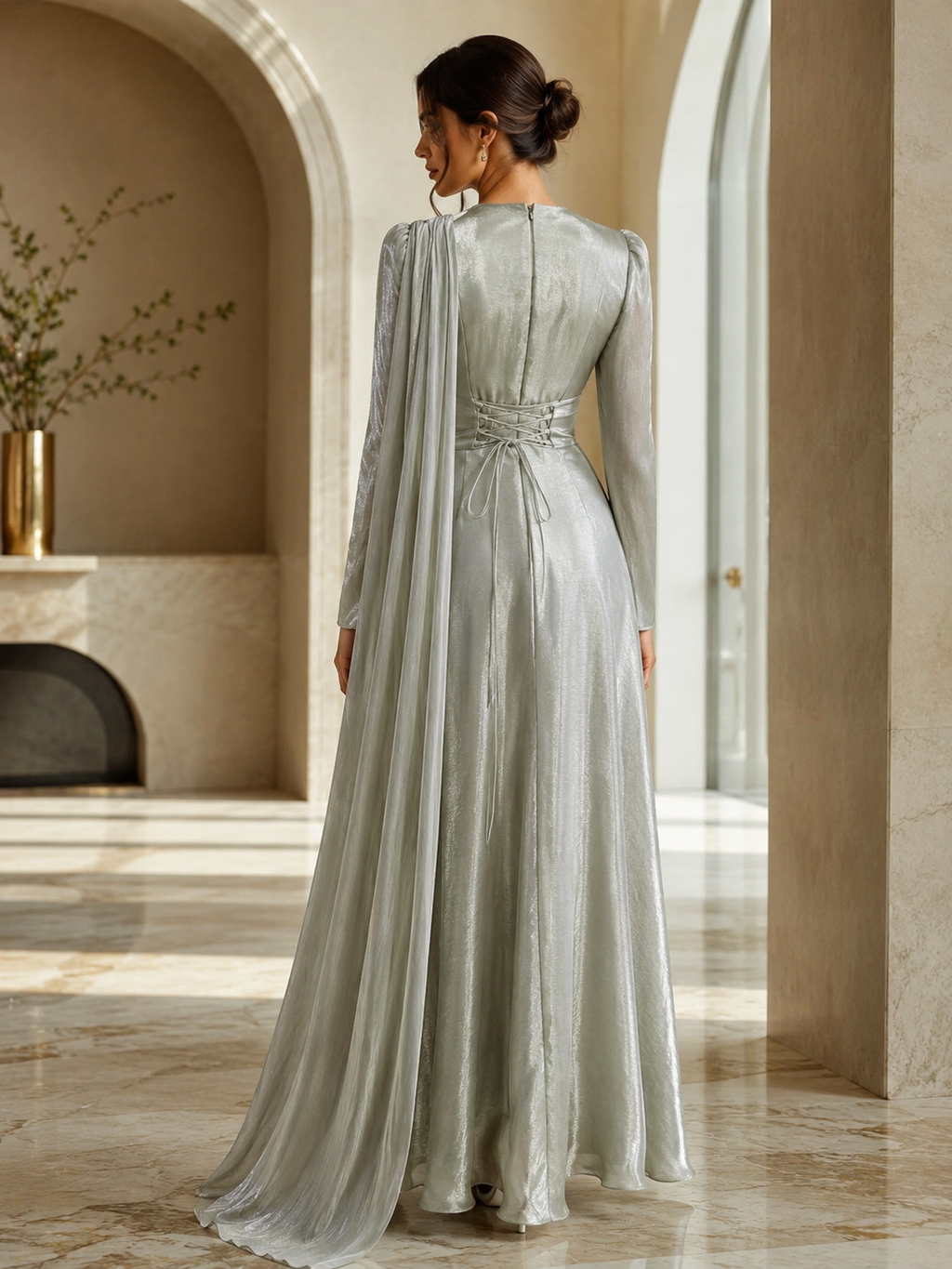 Icy Sage Draped Cape Modest Evening Gown | My World of Dresses