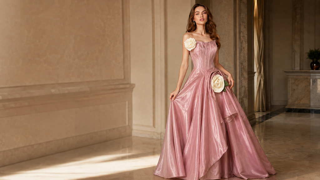 Vestido de Noche Encorsetado Negro con Detalles de Rosas Rojas | Rosa de Medianoche