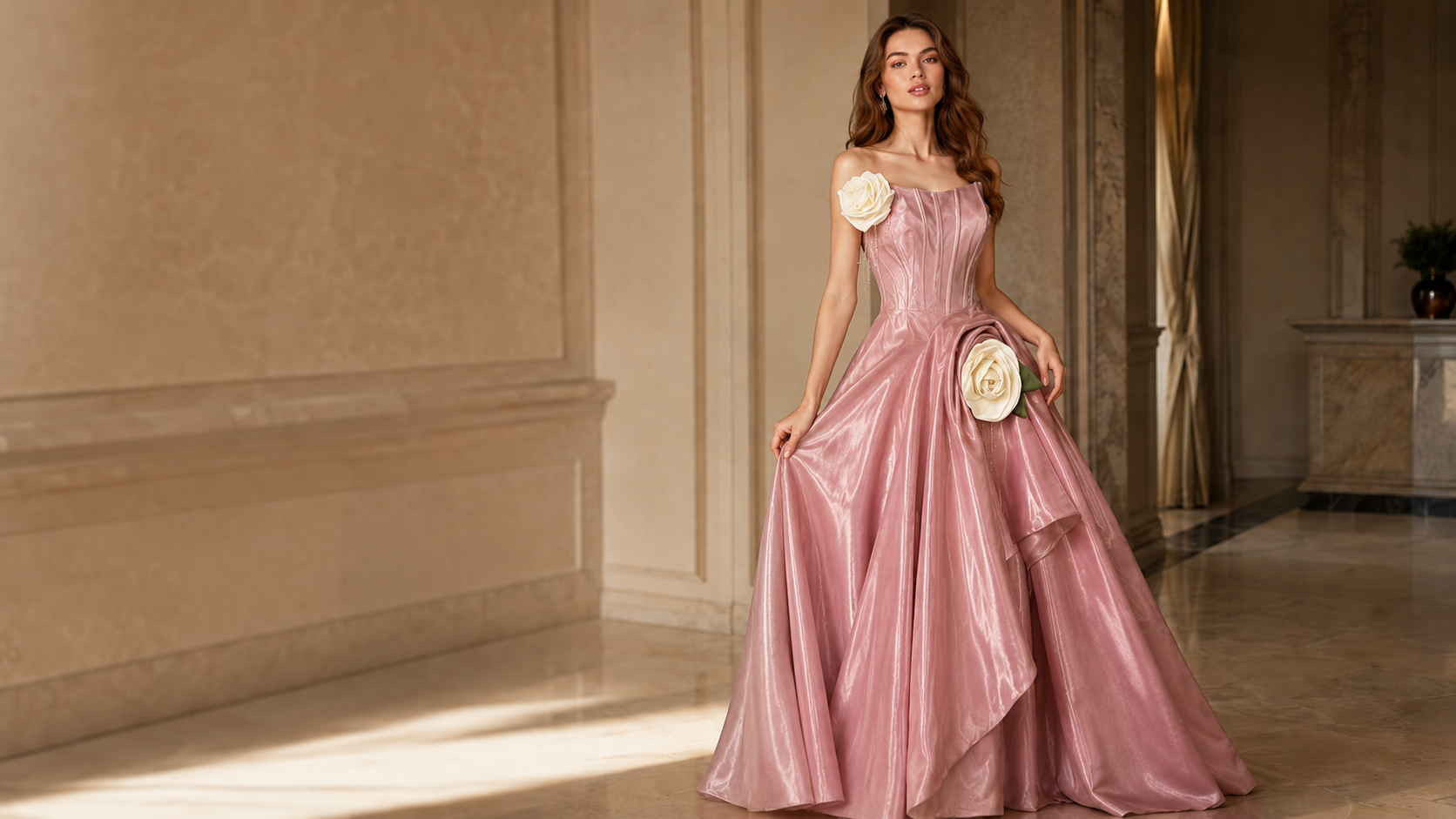 Vestido de Noche Encorsetado Negro con Detalles de Rosas Rojas | Rosa de Medianoche