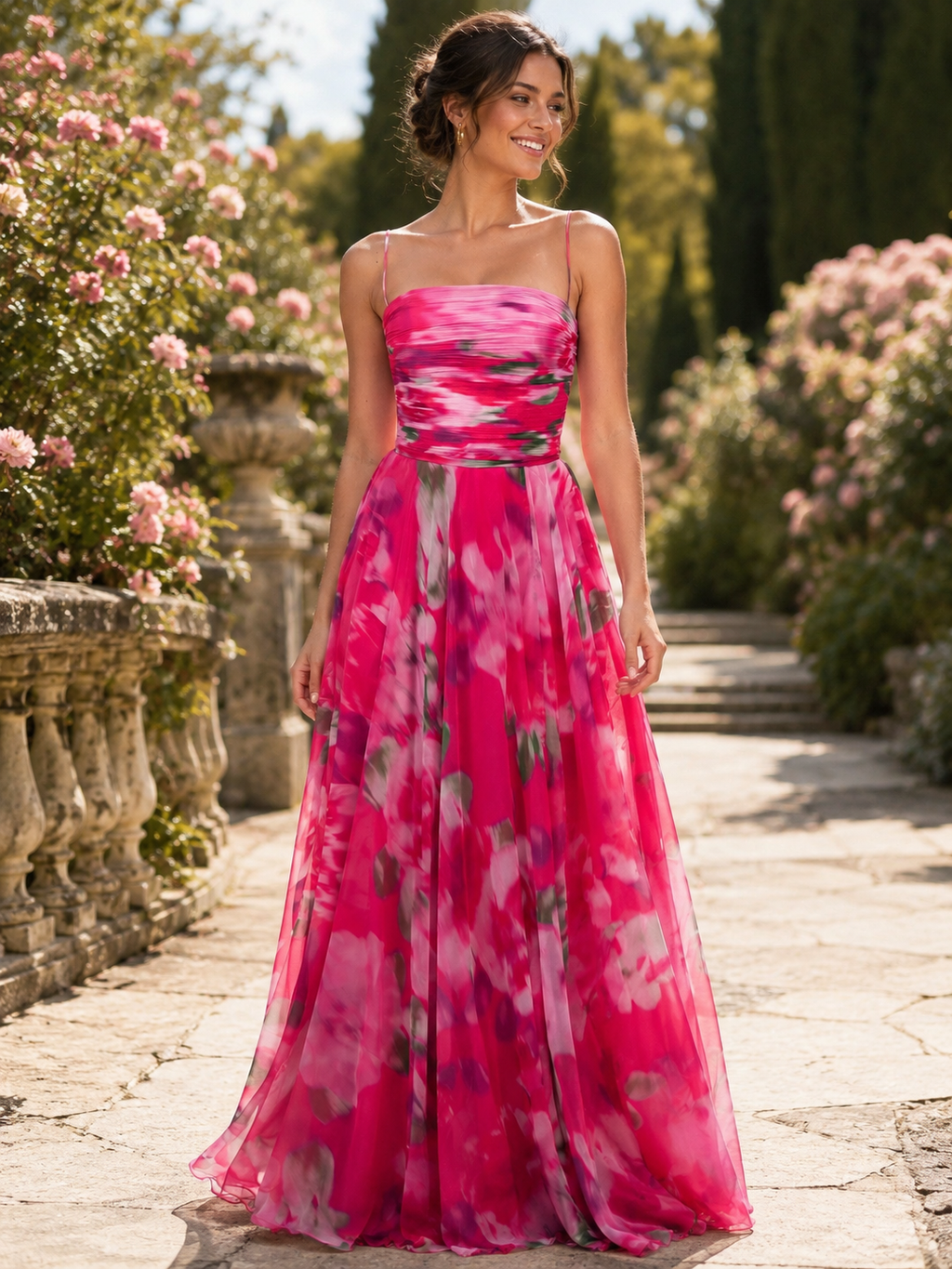 Fuchsia Floral Chiffon Evening Dress | Blooming Romance