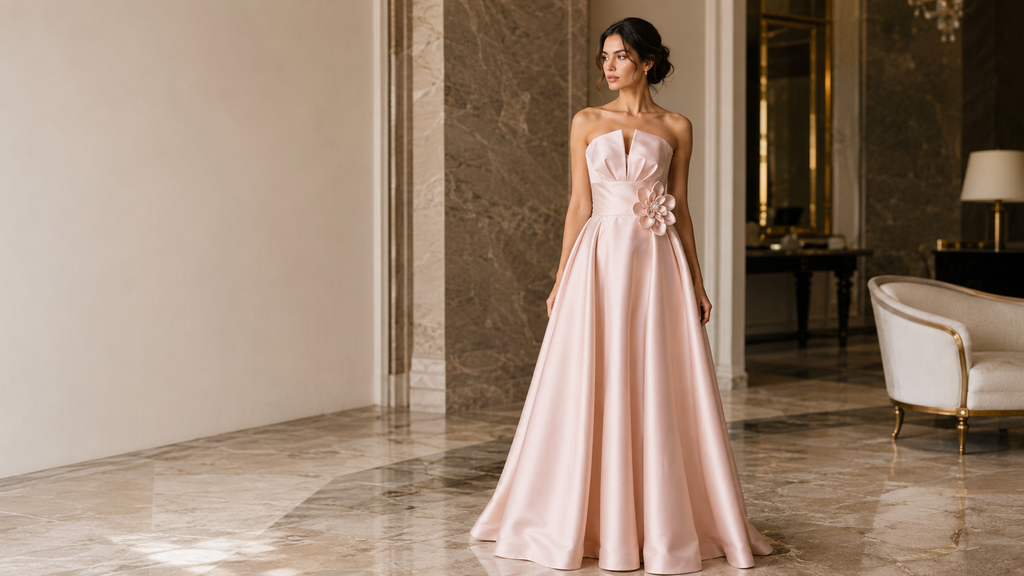 Vestido de Noche Rosa Rubor sin Tirantes con Flores 3D | My World of Dresses