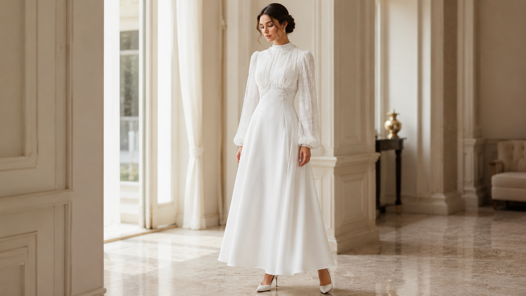 Vestido Modesto con Mangas de Encaje Blanco y Corte Evasé | Elegancia Serena de MWD